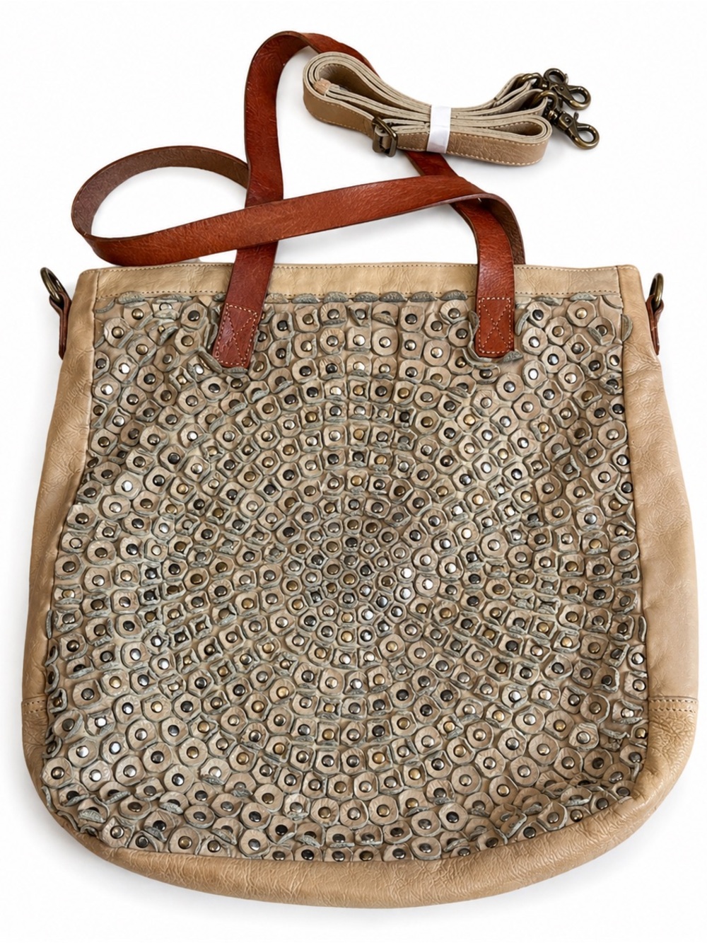 Women's Taupe Studded Leather Tote Bag with Brown Handles NWOT